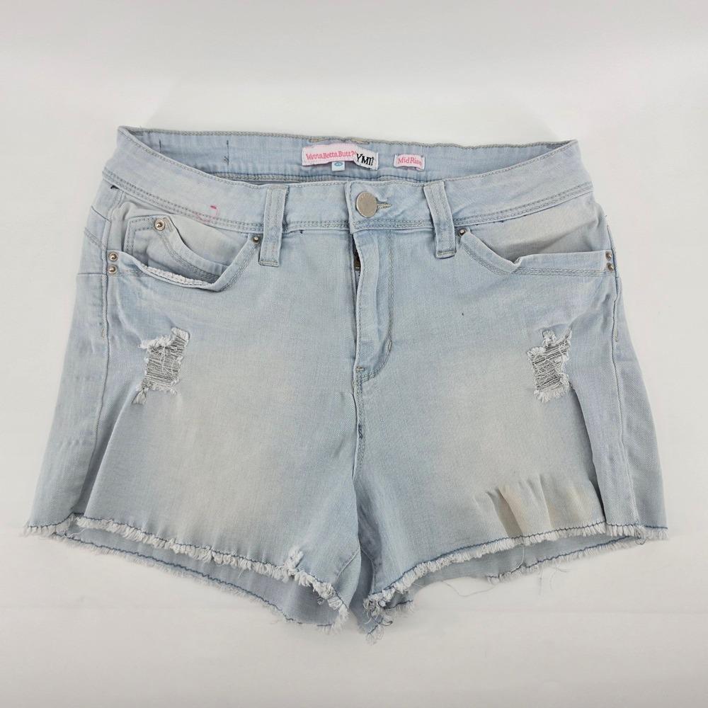YMI WannaBettaButt Womens Mid Rise Distressed Denim Cut Off Shorts Light Wash 13